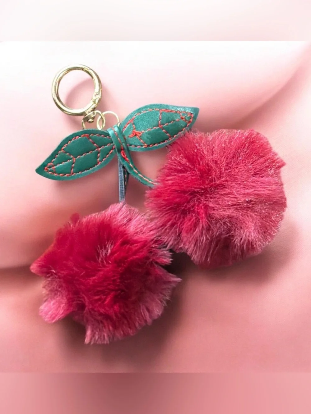 Fuzzy Cherry Pom-Pom Bag Charm & Keychain NEW